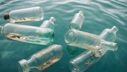 Multiple clear and green glass bottles many containing sediment are floating on a calm rippled blue green water surface