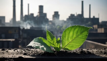 Vibrant green plant sprouts from dark soil A hazy industrial factory with multiple smokestacks rises in the background