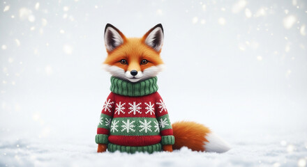 Adorable fox wearing a christmas sweater sitting in the snow surrounded by snowflakes creating a festive winter scene perfect for holiday greetings