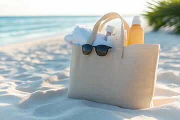 beach tote bag with sunglasses, towel and sunscreen bottles on sunlit sandy shore conveying a calm relaxed summer mood