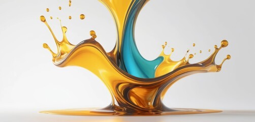 Vibrant golden and turquoise liquids creating a dynamic splash with droplets on a clean white background