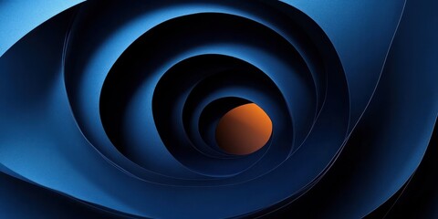 blue layered concentric spiral tunnel of curved sheets with a glowing orange core, mysterious calm and hypnotic depth