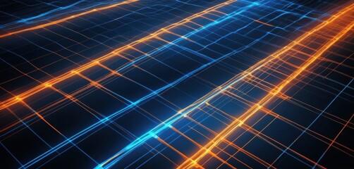 Abstract digital grid with glowing blue and orange lines on a dark background Data network visualization