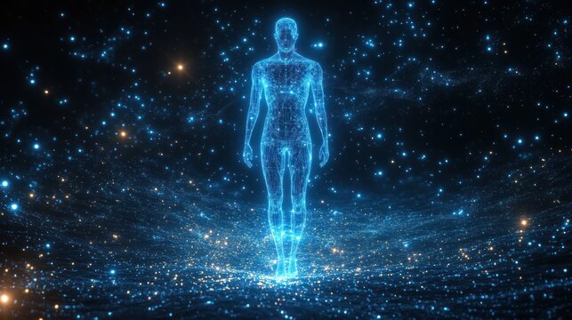 Glowing blue wireframe human figure of points and lines standing amid swirling particles, stars, and luminous ground, evoking serene futuristic cosmic wonder and transcendence - Powered by Adobe