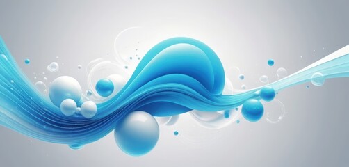 Abstract flowing blue and white waves intertwine with glossy spheres and delicate bubbles on a light gradient background
