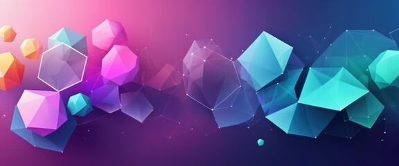 Abstract geometric polyhedra and faceted shapes float against a vibrant pink purple and blue gradient background
