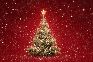 Sparkling Christmas tree with snowflakes against red background