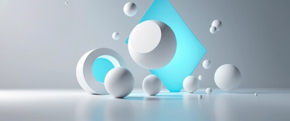 Geometric arrangement of white spheres and a ring with a glowing blue square set against a light grey studio background