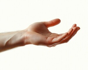 open outstretched human hand and forearm, palm up in a calm inviting and receptive gesture isolated on white background