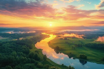golden sunrise over a winding river through green fields and forests with morning mist and a colorful sky, serene and peaceful
