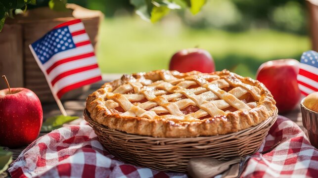 Homemade apple pie with a lattice crust, fresh apples, and american flags outdoors
