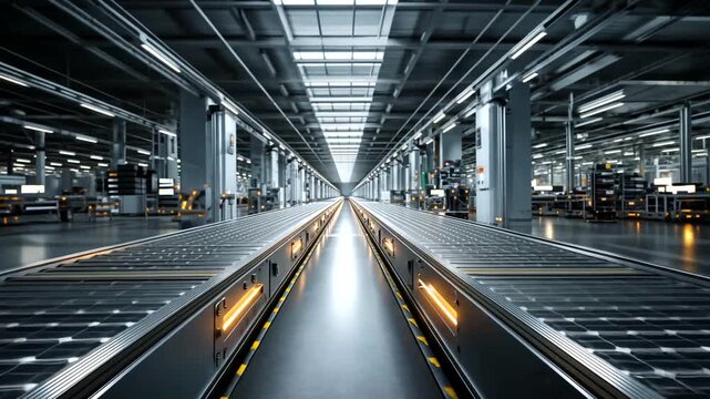 Modern Industrial Warehouse Interior with Long Aisle and High Ceilings for Logistics and Storage