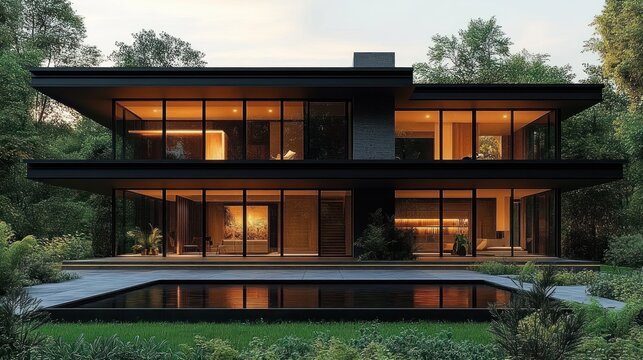 modern two-story glass house with warm interior lighting, reflecting pool and surrounding trees at dusk, evoking calm luxurious evening serenity - Powered by Adobe