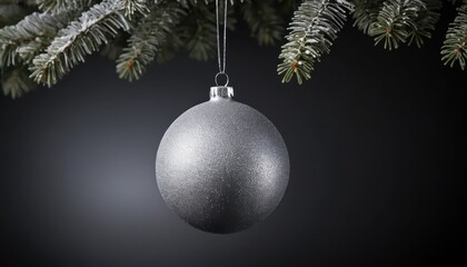 Close up of a shimmering silver glitter Christmas ornament hanging from a frosted pine branch Dark background