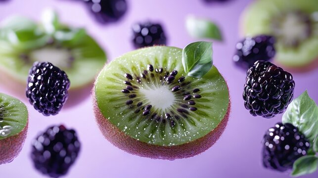 floating halved kiwi slices and ripe blackberries with green leaves and sugar crystals on a soft purple background, fresh and vibrant mood