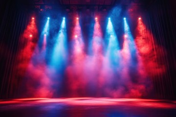 Empty theater stage bathed in red and blue spotlights with swirling fog, velvet curtains and a dramatic, suspenseful atmosphere