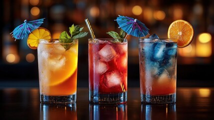 Three colorful iced cocktails with citrus slices, mint sprigs, paper umbrellas and a striped straw on a glossy bar counter, festive and refreshing evening mood