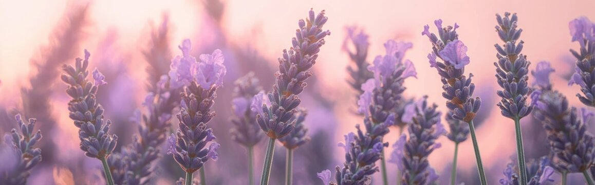 Close-up lavender blooms bathed in warm backlight at sunset, soft pastel purple spikes in a dreamy peaceful field