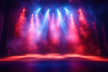 Empty theater stage with blue and pink spotlights cutting through smoke over a dim wooden floor, dramatic glowing beams creating a mysterious, electric atmosphere of anticipation