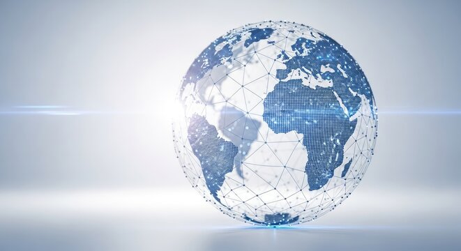 A globe with a blue and white pattern, representing the Earth, with a glowing light source in the background.