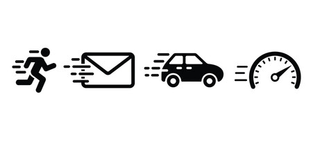 Fast Delivery and Speed Icons - Running Man, Mail, Car & Speedometer
