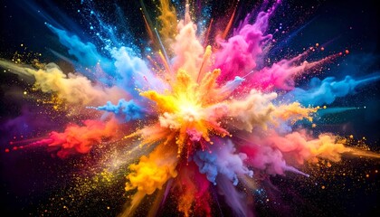 Obraz premium Explosion of vibrant colored powder erupts from center against a dark, cosmic background