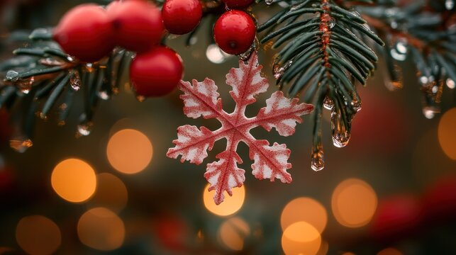 Christmas snowflake, red berries, icicles, bokeh