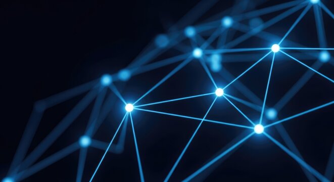 A network of glowing blue lines and dots against a dark background.