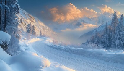 Winding snow-covered mountain road through frosted pines toward golden clouds and misty alpine peaks, a serene and peaceful winter scene