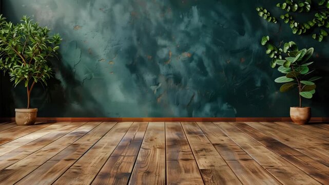 Empty wooden floor room with green plants and textured dark wall