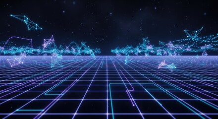 A digital landscape with a grid of glowing, abstract shapes and particles against a dark, starry background.