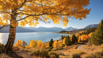 Golden autumn leaves of an aspen tree frame a serene mountain lake, reflecting the clear blue sky and distant peaks, capturing the beauty of fall
