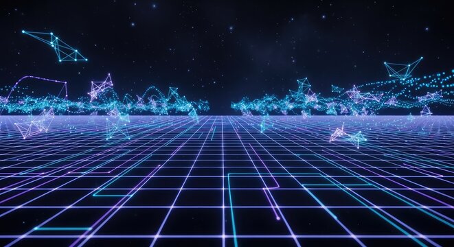 A digital landscape with a grid of glowing, abstract shapes and particles against a dark, starry background. - Powered by Adobe