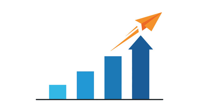 A paper airplane soaring upwards over a bar graph, symbolizing growth and success, isolated on