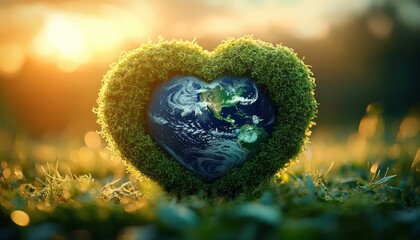 Heart-shaped moss nest cradling a globe on sunlit grass at golden hour, evoking warmth, hope and care for the planet