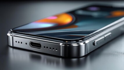 Ultra-realistic close-up of a modern smartphone: smooth metallic frame with curved edges, polished glass screen showing natural reflections, precise aluminum texture, USB-C port and micro-speaker gril