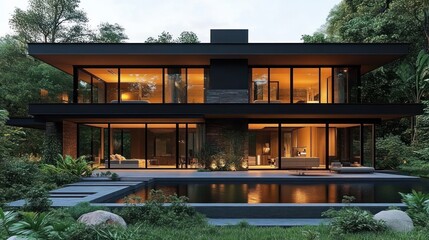modern two-story glass house with warm interior lights, reflecting infinity pool, lush trees and serene inviting evening outdoor living spaces
