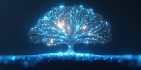 luminous blue network tree with glowing nodes and branching filaments on a sparkling ground against a dark backdrop, evoking serene futuristic wonder and intelligence