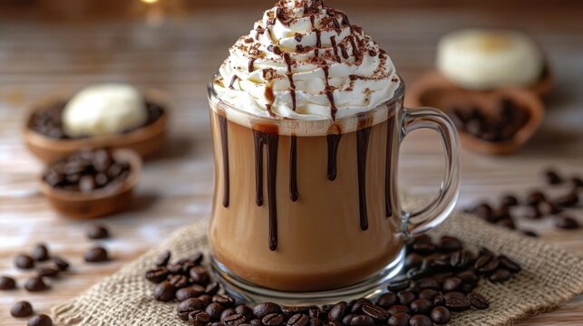 glass mug of creamy mocha topped with whipped cream, chocolate drizzle and cocoa, surrounded by scattered coffee beans on burlap and wooden bowls, warm inviting indulgence - Powered by Adobe