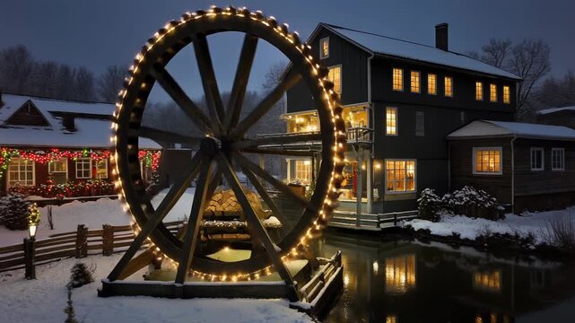 Illuminated historic grain mill in snowy winter landscape with water wheel