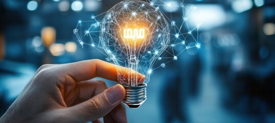 hand holding a glowing light bulb entwined with digital network connections, evoking inspiration, innovation and futuristic creativity