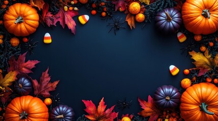 autumn halloween border with orange and purple pumpkins, candy corn, red and yellow maple leaves, berries and black decorative spiders on a dark background, cozy spooky festive mood