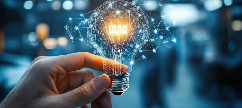 hand holding a glowing light bulb entwined with digital network connections, evoking inspiration, innovation and futuristic creativity
