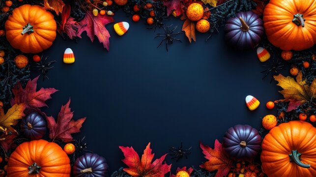 autumn halloween border with orange and purple pumpkins, candy corn, red and yellow maple leaves, berries and black decorative spiders on a dark background, cozy spooky festive mood