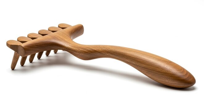 Studio shot of a handcrafted wooden back scratcher on a white background showcasing its texture