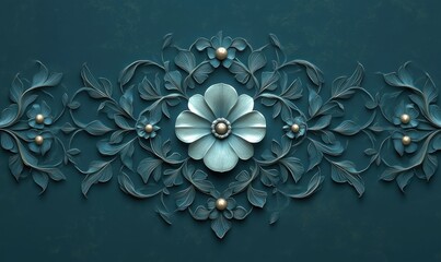 ornate teal embossed floral relief with central large bloom, pearl centers and swirling leaves conveying an elegant serene symmetrical decorative motif