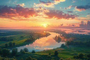 Winding river at sunrise over green fields and misty trees with colorful clouds and golden reflections, a serene tranquil morning landscape