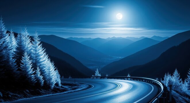Curving mountain road illuminated by bright full moon under a deep blue night sky, with snowcovered pine tree forest lining the steep slopes of the valley - Powered by Adobe