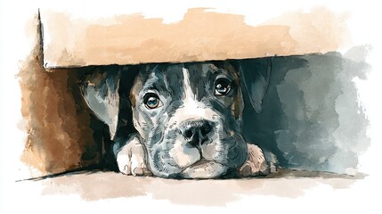 A cute puppy peeks out from a box, showcasing its expressive eyes and a gentle, watercolor-style illustration.
