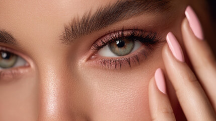 Elegant Woman with Flawless Makeup and Pastel Pink Manicure Gently Touching Her Face
